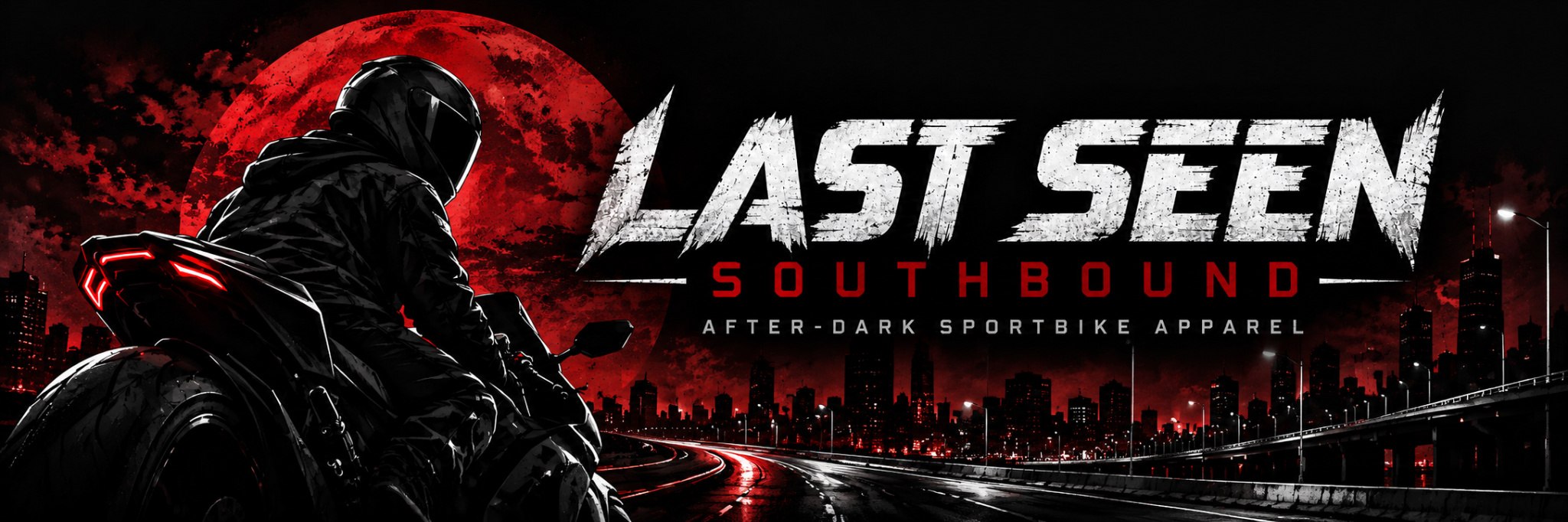 Last Seen Southbound alternate official banner with sportbike rider on a midnight roadway
