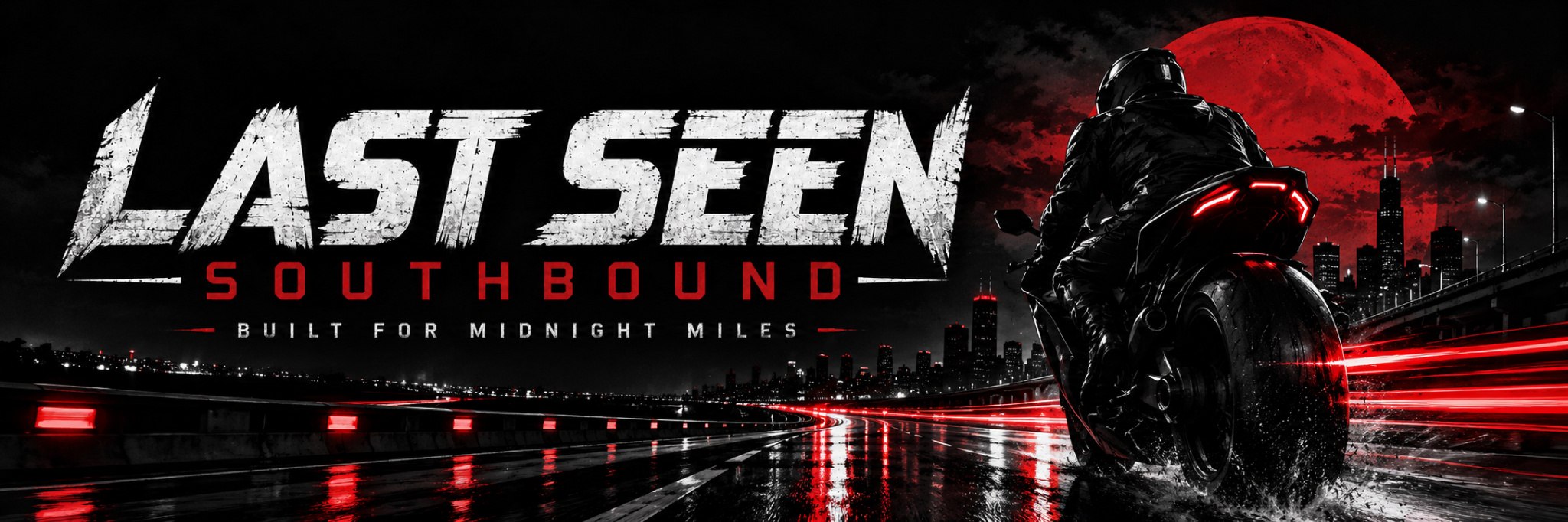 Last Seen Southbound official banner: sportbike rider, midnight roadway and logo